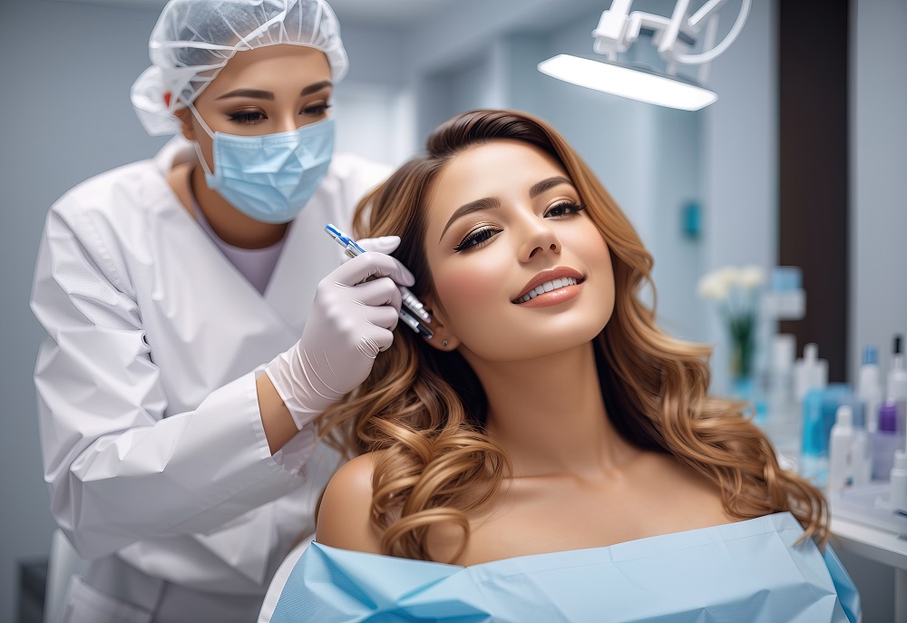 Beautiful woman looking in mirror after Botox treatment at Sunrise Dental Clinic