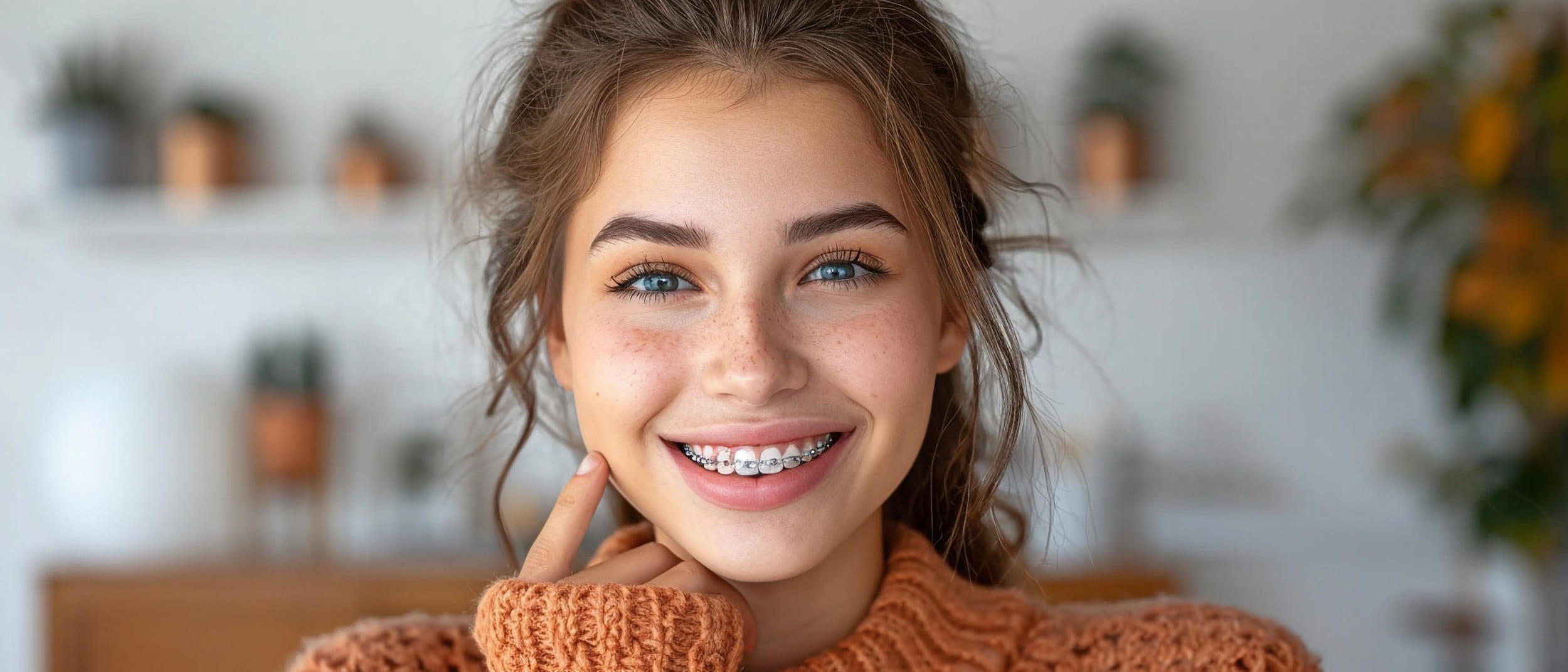Young woman with cosmetic braces smiling at a dental clinic in Gig Harbor WA