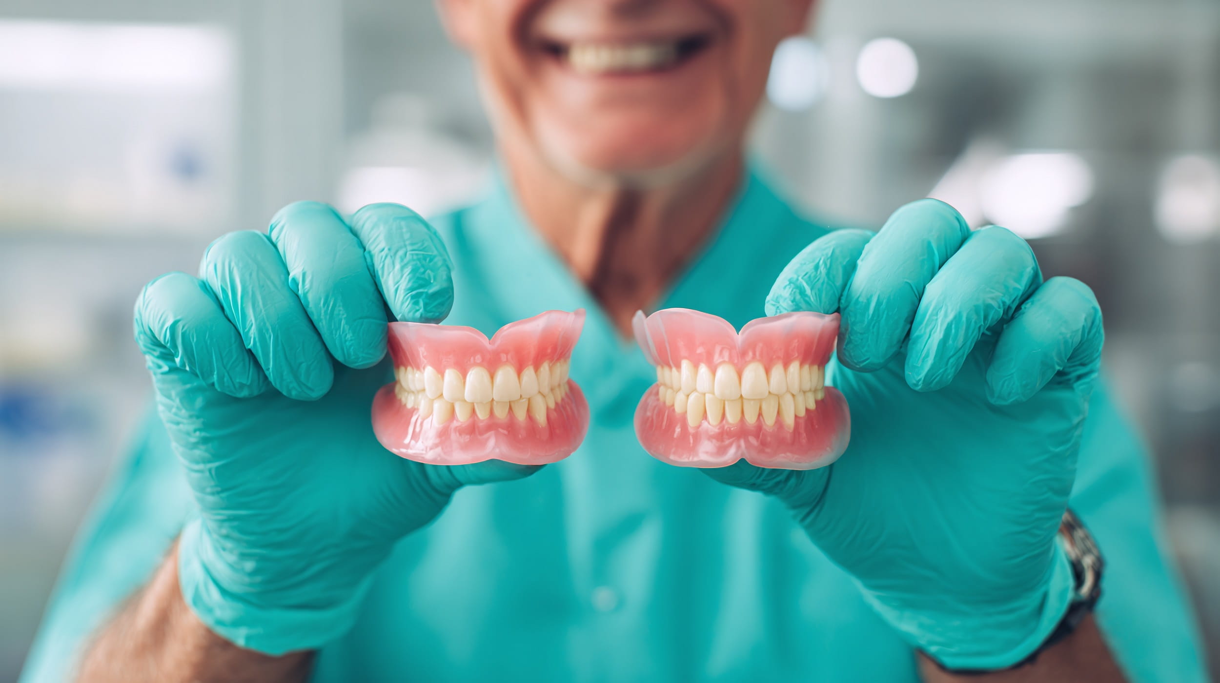 Dentist with a bright smile holding dentures at a dental clinic